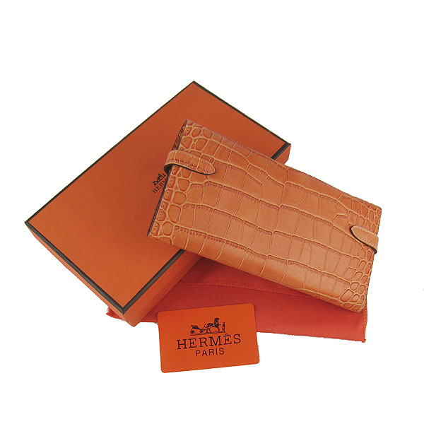 High Quality Hermes Kelly Crocodile Veins Long Clutch Bag Orange H009 Replica - Click Image to Close